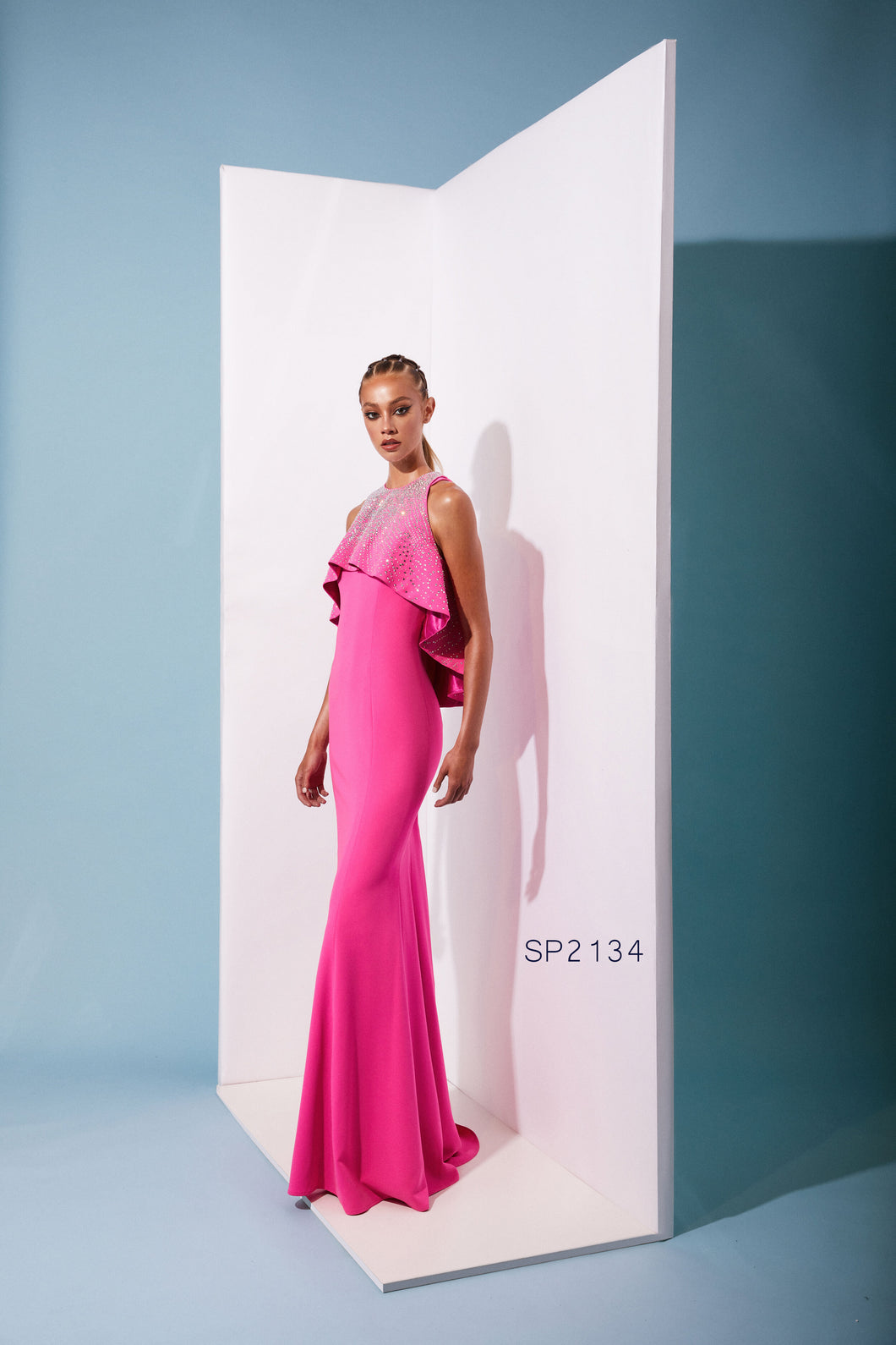 Lucian Matis Halter Evening Gown w/ Dramatic Sparkle Cape EVENING DRESSES, LONG DRESS, MOTHER OF THE BRIDE DRESS MOTHER OF THE GROOM DRESS, WEDDING GUEST DRESSES, Long Island, New York, Mother of the Bride gowns near me, Woodbury Greenvale Mother of the Bride dresses Bat Mitzvah Bar Mitzvah, Evening Wear, Wedding Wear.