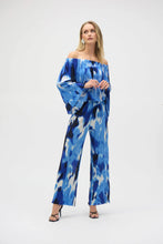 Load image into Gallery viewer, With its alluring off-shoulder neckline and striking tropical print, this Joseph Ribkoff flared top is pure vacation vibes; all that&#39;s missing is a mocktail. Three-quarter bell sleeves enhance its relaxed charm, while the pleated novelty fabric adds a subtle touch of texture.
