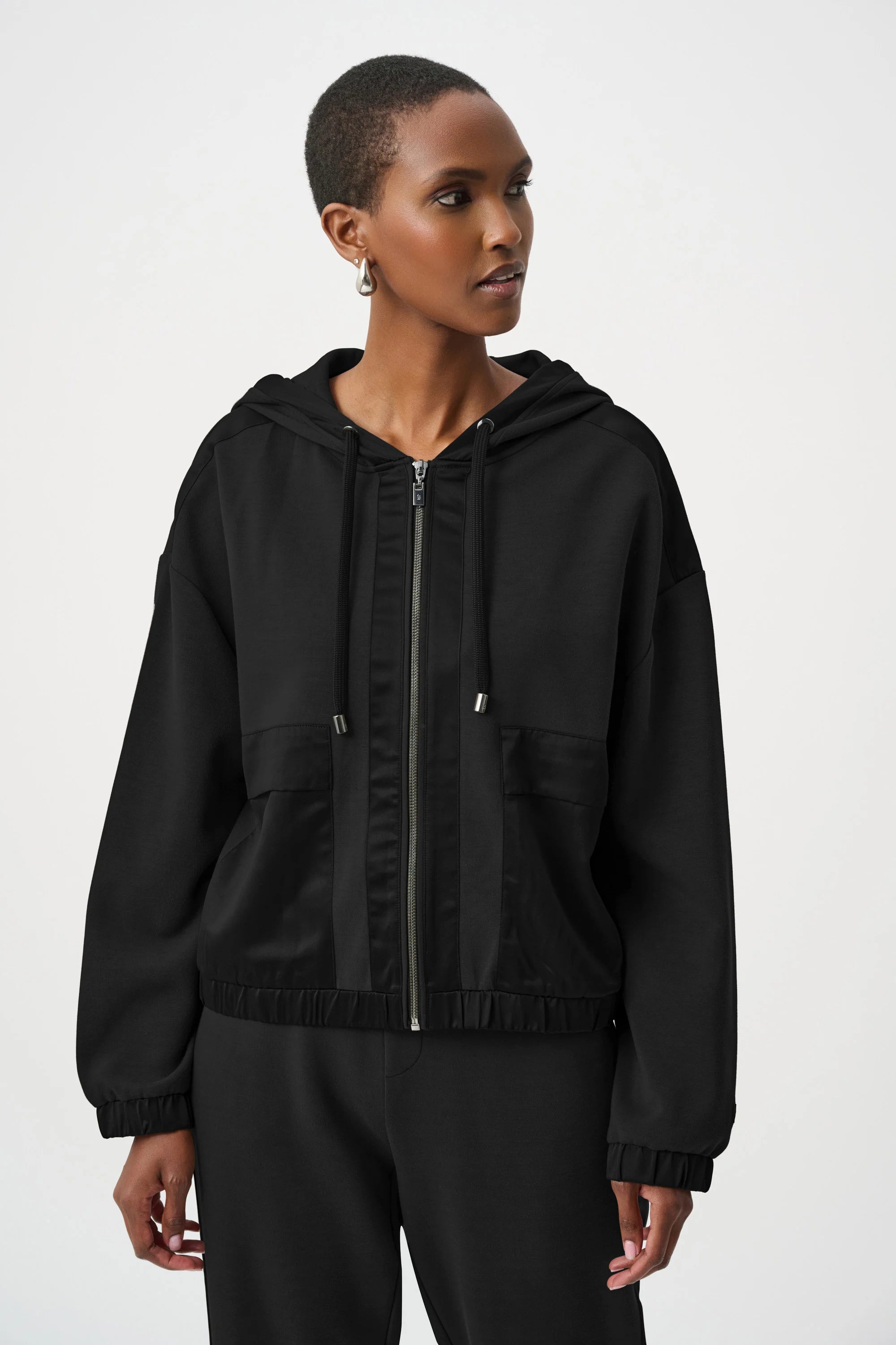 Scuba Jersey And Satin Hooded Boxy Jacket