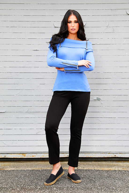 periwinkle sweater with zippered detail on cuffs and neckline.  60% cotton  40% acrylic