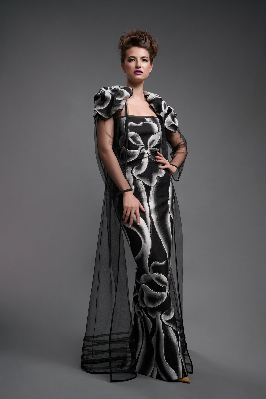 Sheer Long Coat w/ Floral Shoulder Sheer Long Coat w/ Floral Shoulder