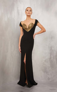 Stunning Lucian Matis Center Slit Beaded Deep Plunge Long Dress With Sweetheart Neckline