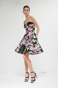 Stunning Lucian Matis Multicolored Floral Embroidered Appliques With Crystal Contrast Short Dress