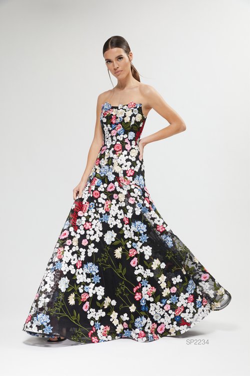 Stunning Lucian Matis Multicolored Floral Embroidered Appliques Long Dress