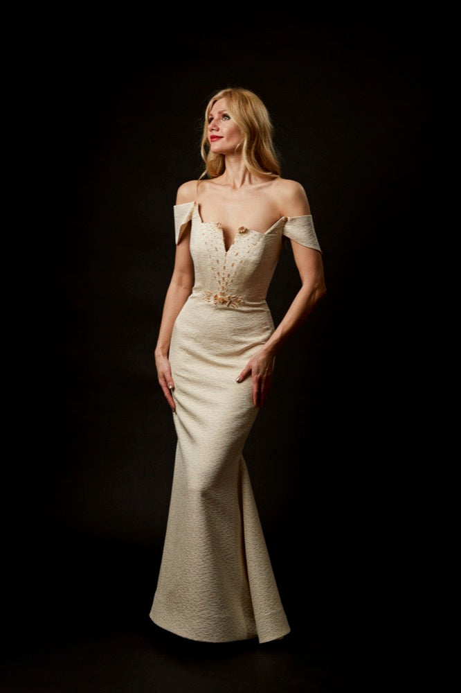 Off-the-Shoulder Silk/Brocade Gown – Mieka Boutique