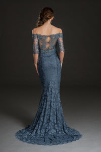 Spectacular off the shoulder lace floor-length gown. Perfect Mother of the Bride, Mother of the Groom, Bar Mitzvah, Bat Mitzvah dress, wedding wear, evening wear, evening gown, dresses.
