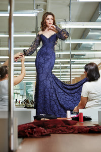 Gorgeous eclipse lace with eclipse flowers trimming full sleeves long dress in navy.