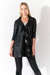 Women's Embossed Pleather Longer Jacket with Cascade Ruffle Front