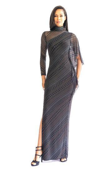 Mother of the Bride Groom Long Island New York Highneck Asymmetrical Beaded Gown - Mieka Boutique