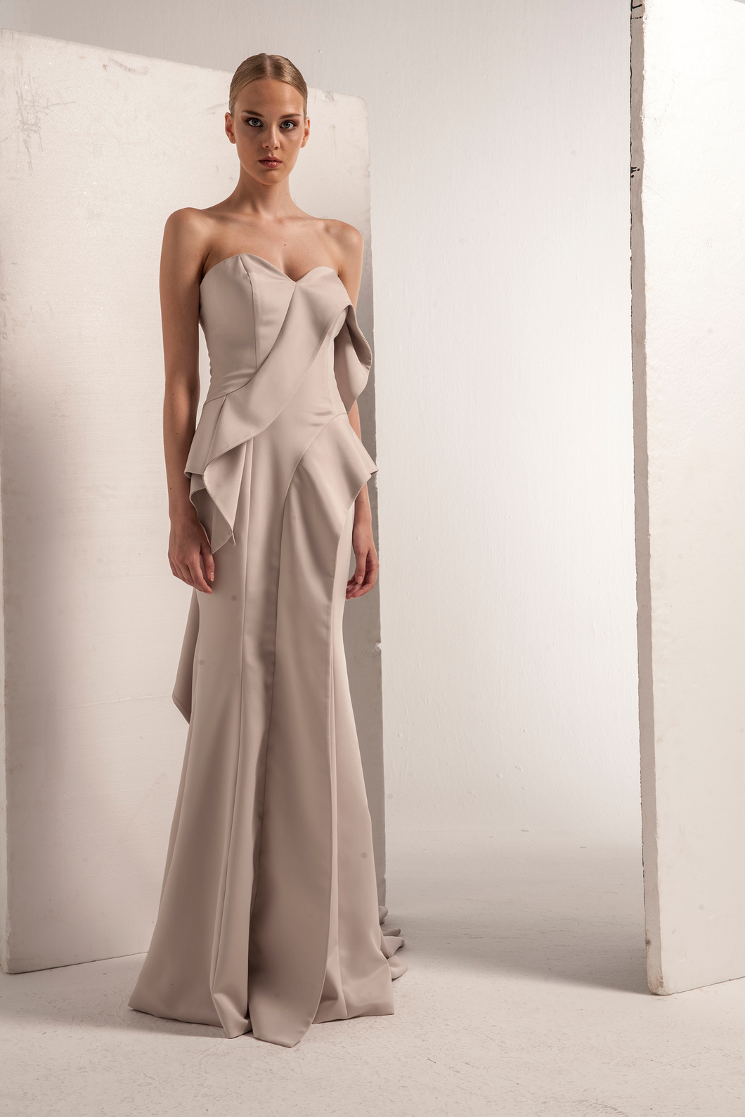 Mother of the Bride Groom Long Island New York Faille Strapless Asymmetrical Gown - Mieka Boutique