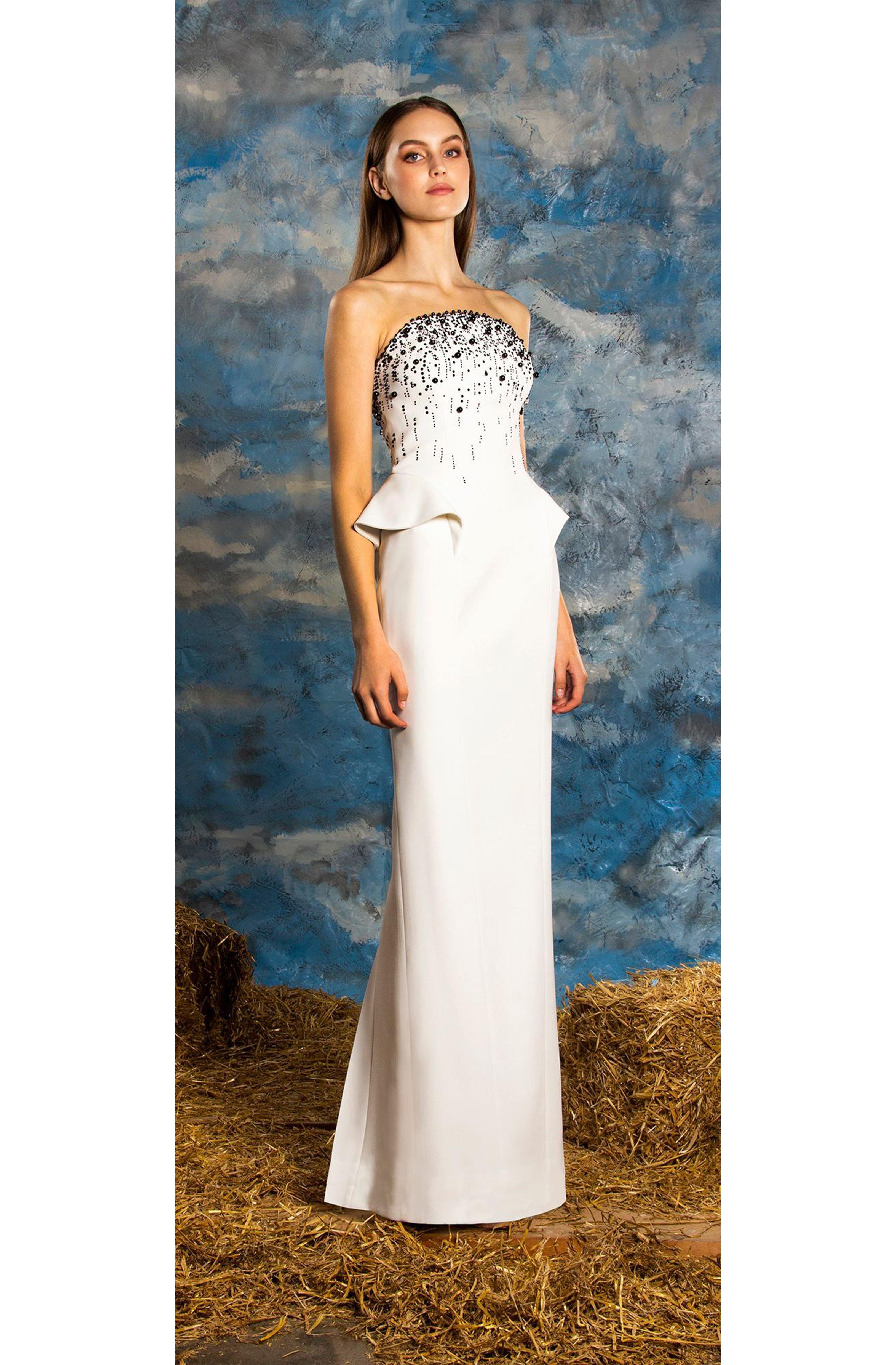 Mother of the Bride Groom Long Island New York Two Tone Peplum Column Gown - Mieka Boutique